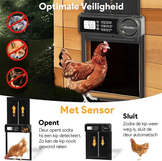 Phooba Kippenluik Automatisch - Kippendeur - Automatisch Kippenluik - Chickenguard - Kippenren - Kippenhok - Incl Montage set - Zwart