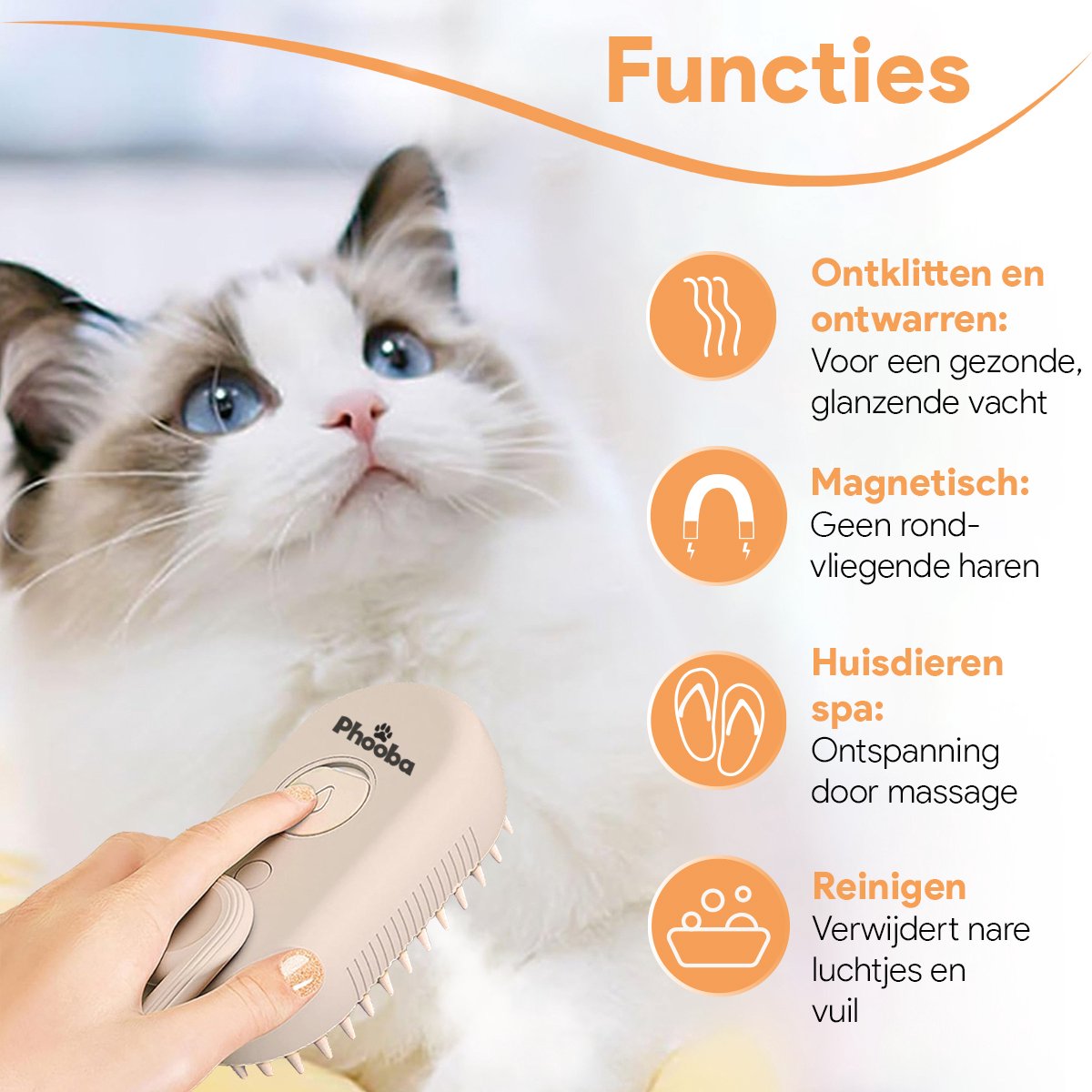 Phooba Zelfreinigende Stoomborstel 2026 - Draadloze 3-in-1 Borstel voor Honden & Katten