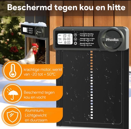 Phooba Kippenluik Automatisch - Kippendeur - Automatisch Kippenluik - Chickenguard - Kippenren - Kippenhok - Incl Montage set - Zwart